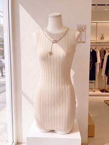 Resyla Vestido versátil de mujer de primavera/verano, nuevo y de gran vender, de tejido de punto suave con textura acanalada y ajuste ceñido - Caqui - Ver 4
