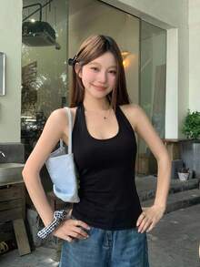 DAZY Women's Summer Casual Versatile Solid Color Halter Neck Top - Black - View 8