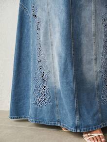 Anewsta Women's Casual Daily Floral Embroidered Washed Denim Skirt - Blue - View 2