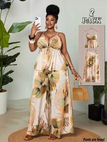 Maweii Damen Große Größen Set aus geraffeltem Cami Top-Top mit Blume Muster und weiter Hose, Lässig Outfit - Verschiedenfarbig - Übersicht 2