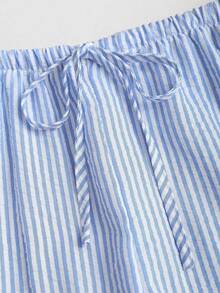 Tall Conjunto de top sin mangas con cuello en V y cintura anudada, y pantalones de pierna ancha, conjunto informal de gasa a rayas tipo burbuja para mujeres altas, primavera/verano - Azul - Ver 5