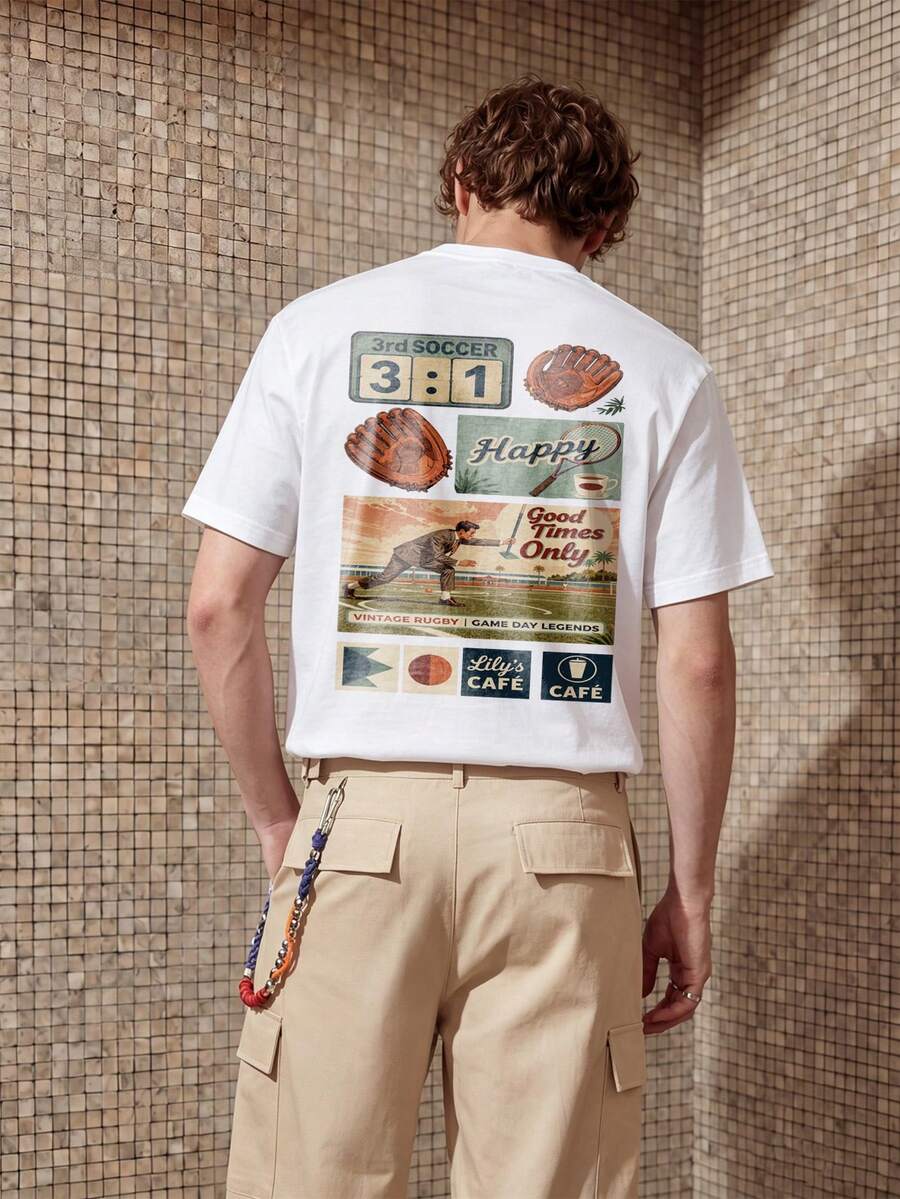 HypeHours Herren Retro Muster Einfarbiges Rundhals Kurzarm T-Shirt Sommer, Urlaub - Weiss - Übersicht 1