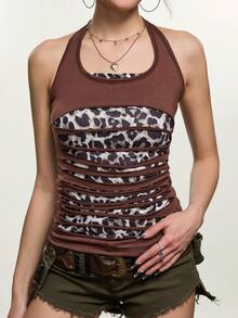 INAWLY Blusa casual de mujer con estampado de leopardo y parches, con cuello halter y lazos, adecuada para citas y fiestas - Multicolor - Ver 3