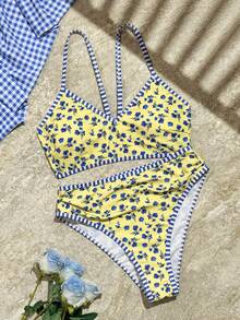Swim SPRTY 2pcs/Set Pakaian Pantai Musim Panas Wanita, Atasan Tali Bahu Motif Acak Warna dan Bawahan Bikini Pinggang Tinggi - MultiWarna - View 2
