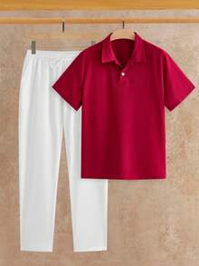 HIMLAND Manfinity VCAY Men's Red Button-Down Short Sleeve Shirt And White Side Pocket Casual Street Wear Pants Set Top And Bottom Navy 2 Piece Holiday Summer - Burgundy - View 6