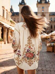 Balvessa Đầm ngắn nữ cổ chữ V họa tiết vintage vai trễ tay rủ cạp cao - Màu be - Xem 2