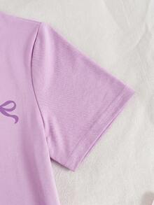 SHEIN 青少年女孩 夏季新款 紫色 休閒 寬鬆 蝴蝶結印花 居家服 - 紫色 - 查看 8