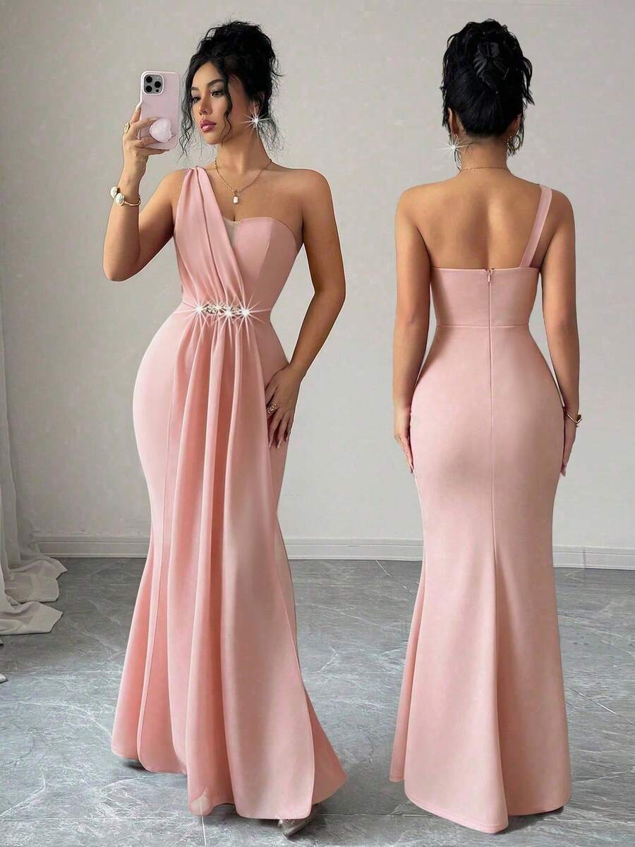 SHEIN Elenzya 优雅浪漫精致女士连衣裙，不对称领口抹胸设计，收腰剪裁，鱼尾裙摆，珍珠装饰，适合派对和聚会场合。 - 珊瑚粉 - 查看 1