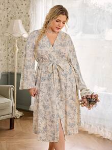 CottageSlumber Floral Print Crepe Long Sleeve Plus Size Nightgown - Apricot - View 3