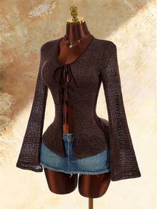 Amplova Women's Fashion Hollow Out Tie-Up Long Sleeve Knit Top For Vacation - Brown - View 3