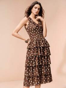Revavyn European And American Style Spring Summer New Fashion Versatile Watermark Brown And White Polka Dot Ruffle Layered Elegant Tea Party Midi Dress - Multicolor - View 4