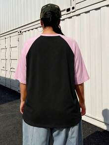 Muchica Camiseta Talla Grande de Verano Básica Casual con Manga Raglán Multicolor Patchwork Manga Corta Ajuste Holgado - Negro - Ver 2