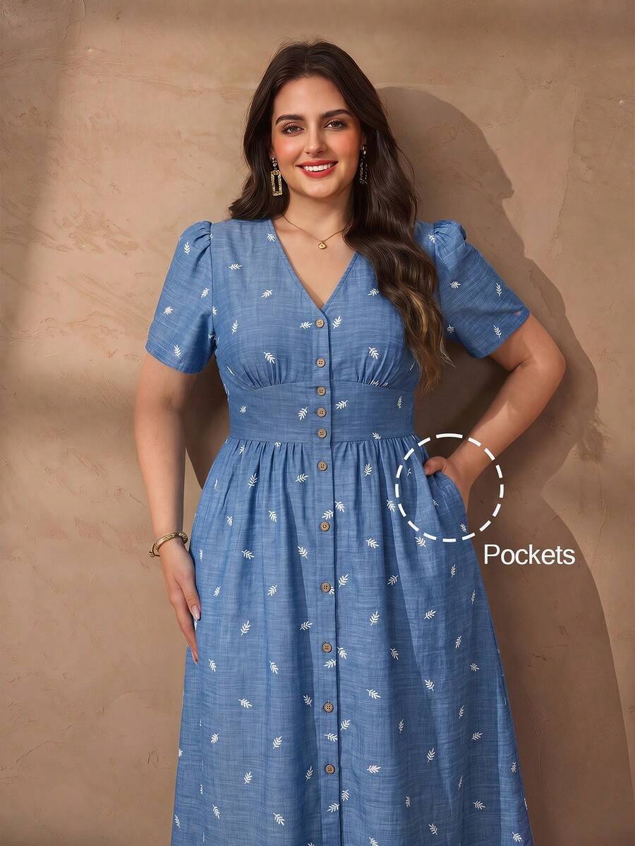 Chikora Đầm công sở thường ngày cổ chữ V chất liệu linen cotton thanh lịch cho nữ size lớn - Màu xanh lam - Xem 1