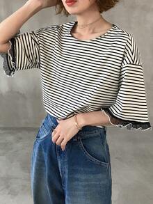 FRIFUL Women's Summer Spring Striped Loose Casual Versatile T-Shirt - Black and White - View 5