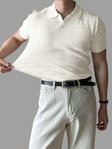 DAZY Men's Summer Casual Daily Commute Solid Color Textured Fabric Short Sleeve Polo Collar Knit Top - White - View 5