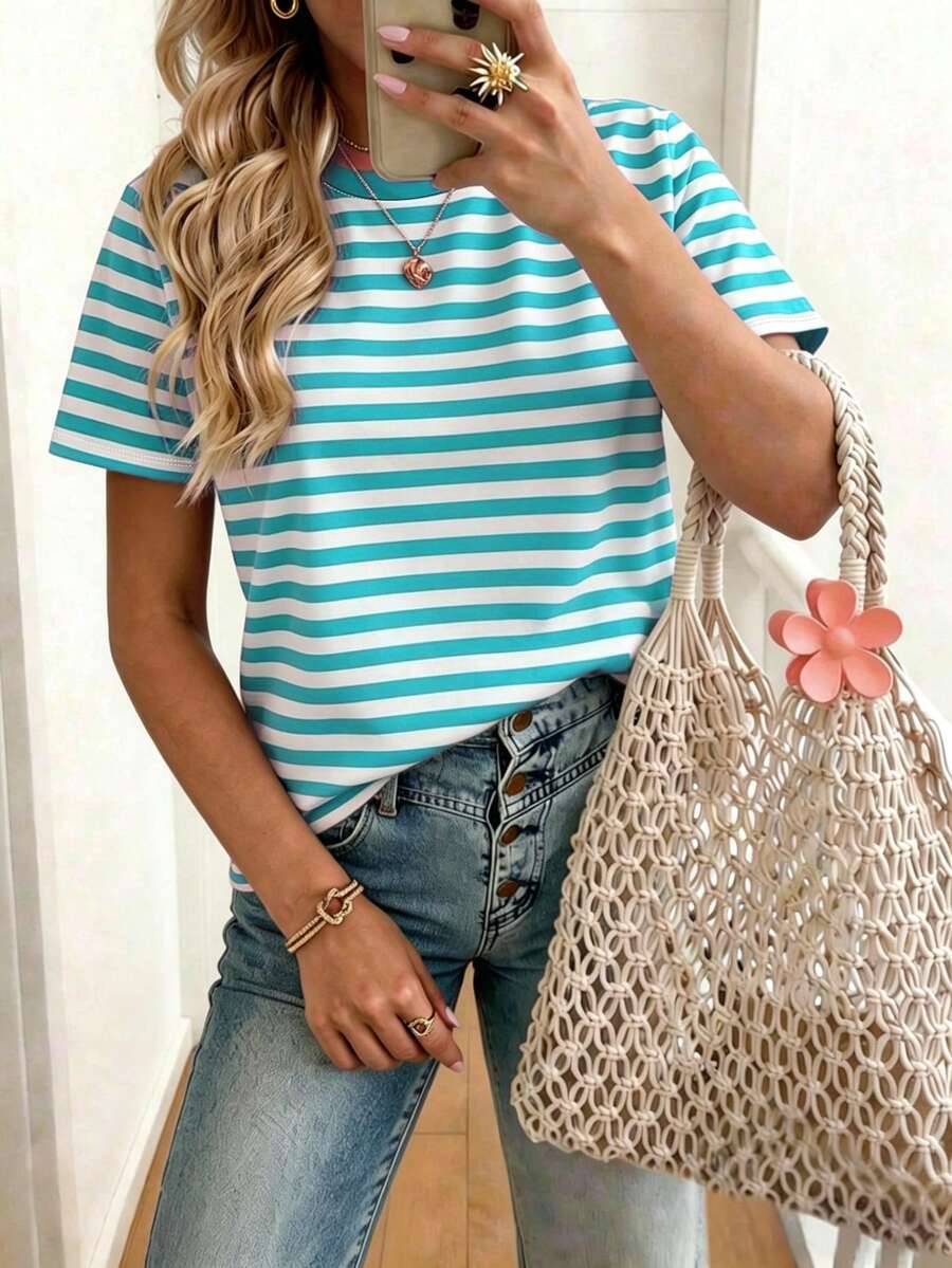 EMERY ROSE Women's T-Shirt Striped Round Neck Casual Short Sleeved T-Shirt, Summer - Multicolor - View 1