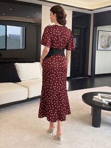 Modelyn V領蕾絲飾邊圓點洋裝 - 紅色 - 查看 8