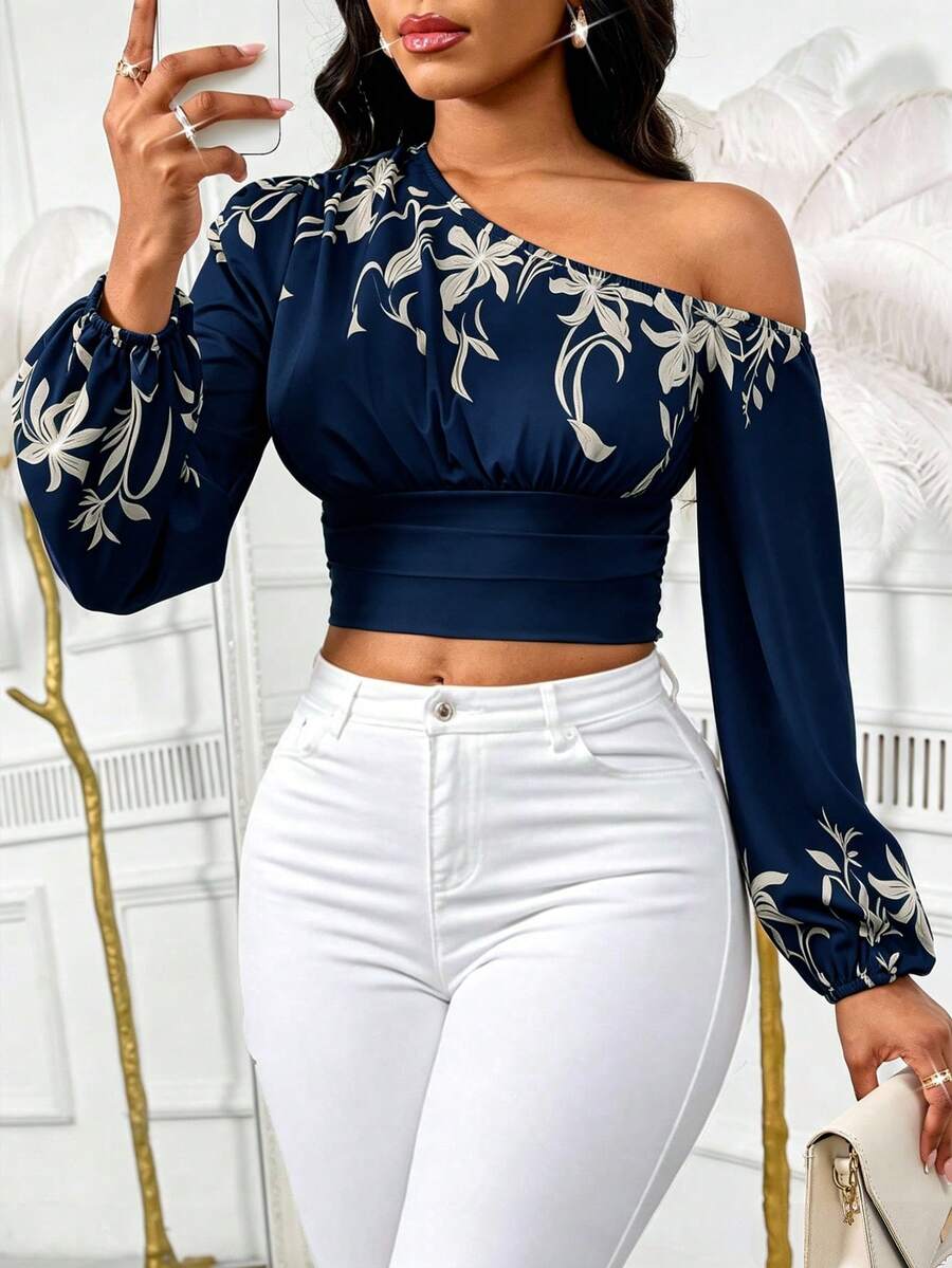 Lyxana Women's Fashion Asymmetric Neck Lantern Sleeve Elastic Cuff Waist-Cinching Blouse, Vacation Print Daily Commute Outing Top - Multicolor - View 1