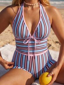 Swim Mod 2026 Spring/Summer Plus Size 2-Piece Bikini Set, Colorful Striped Print Fabric, Deep V-Neck, Solid Color Trim, High-Waist Shorts, Sexy Beach/Pool/Party Wear - Multicolor - View 3