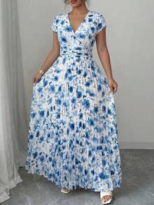 Elenzga Plus Size Women's Spring/Summer Elegant Romantic Floral V-Neck Short Sleeve Flowy Maxi Dress - Multicolor - View 4