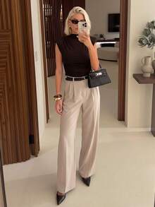 SHEIN PETITE Áo kiểu dáng thanh lịch màu nâu, không tay, có đệm vai, thích hợp cho mùa xuân/hè, đa năng, phù hợp cho cả công sở và những dịp thường ngày, mang phong cách cổ điển. - màu nâu - Xem 10