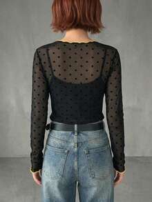 FRIFUL Women's Spring/Autumn Long Sleeve Transparent Round Neck Polka Dot Top - Black - View 2