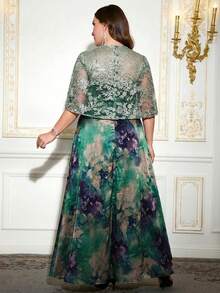 Ellevyn Plus Size Women Floral Jacquard Mesh Sleeve Elegant Dress - Green - View 5