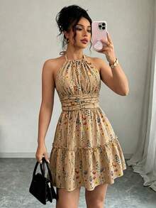 Franclia 春夏女款優雅度假時尚年輕簡約百搭掛脖短洋裝 - 棕色 - 查看 4