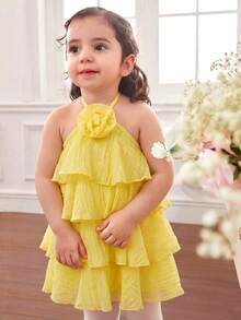Babygirl Cute Elegant Yellow Ruffle Floral Sleeveless Dress - Yellow - View 8