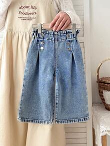 LMoss Kids Celana Panjang Denim Longgar Berlipit Kancing Kasual Serbaguna untuk Bayi Perempuan - Medium Wash - View 3