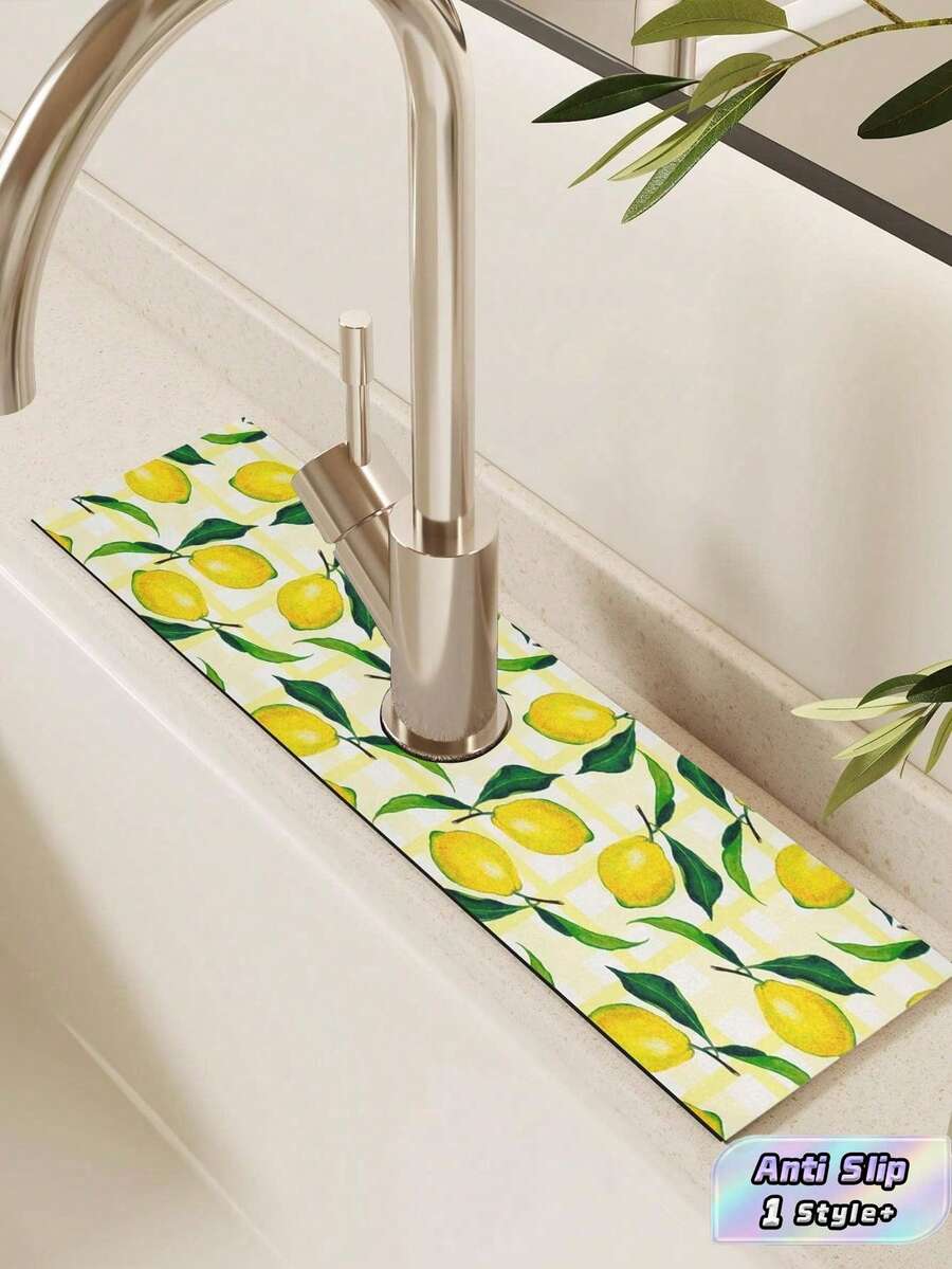 1PC Standard Size Diatomite Anti Slip Splash Proof Reusable Quick Drying Lemon Pattern Faucet Mat For Kitchen Sink Dish Drying Bathroom Countertop Organizer Home Storage Must Have - Multicolor - View 1