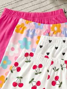 4 buah celana pendek anak perempuan, kasual, serbaguna, lembut, lucu, motif bunga, ceri dan hati, celana pendek warna fuchsia polos, cocok untuk pakaian kasual musim semi dan musim panas, celana pendek motif manis dan lucu multiwarna serbaguna, cocok untuk musim panas. - MultiWarna - View 3