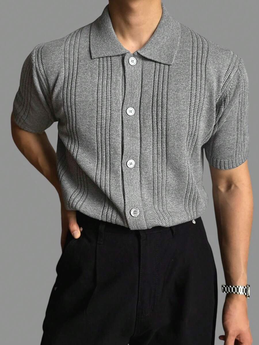 DAZY Men's Solid Gray Short Sleeve Button-Up Knit Top For Summer - Grey - View 1