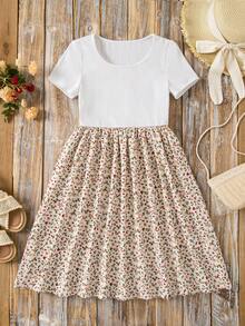 Emery Rose Kids Emery Rose Kids 少女夏季休閒可愛拼接碎花圓領短袖洋裝，海灘度假白色花卉 - 白色 - 查看 5