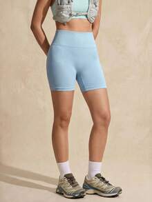 SHEIN Sports 女款素色極簡無縫彈性腰緊身內搭褲 - 藍色 - 查看 4