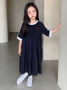 Dazy Kids Young Girl Contrast Trim Round Neck Casual Versatile Dress Spring Summer - Navy Blue - View 3