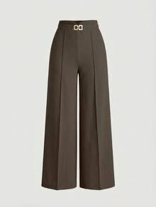 SHEIN Clasi 女款長褲 夏季女裝專業服裝 工作服 裝飾金屬扣環 休閒風 辦公室 寬腿直筒褲 優雅簡約 - 棕色 - 查看 1