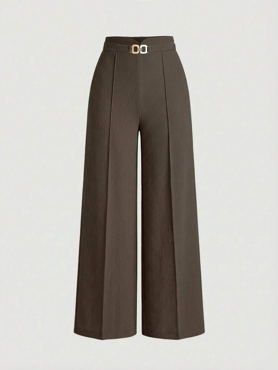 SHEIN Clasi 女款長褲 夏季女裝專業服裝 工作服 裝飾金屬扣環 休閒風 辦公室 寬腿直筒褲 優雅簡約 - 棕色 - 查看 1