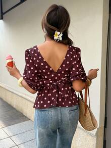 SHEIN Frenchy Women's Back Lace-Up Open Back Puff Sleeve Brown And Pink Polka Dot Blouse Summer Vintage French Elegant Vacation - Brown - View 12