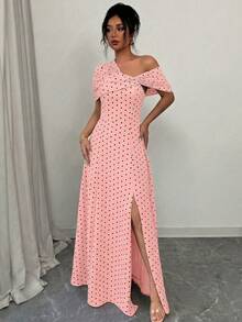 SHEIN Elenzya 不對稱肩部抓皺腰身A字優雅浪漫女款洋裝 - 彩色 - 查看 4