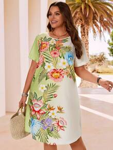 EMERY ROSE Plus Size Women's Light Green Summer Elegant Vacation Holiday Floral Printed Pullover Dress,Casual Countryside Style Positioning Print Outfits - Multicolor - View 1