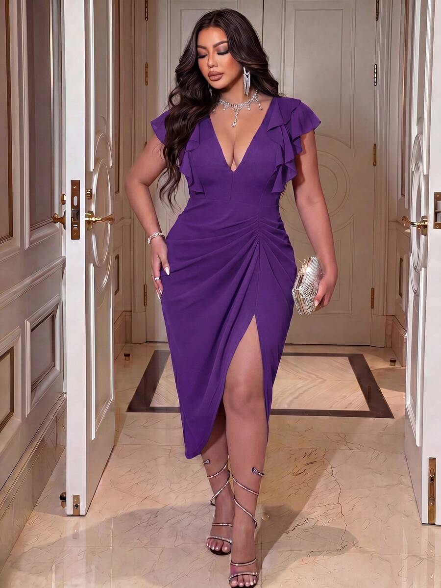 NU&NOW Plus Size Women's Spring/Summer New Arrival Sexy Mature Style Black V-Neck Ruffle Sleeve Dress, Drawstring Ruched Side Slit Slimming Midi Dress. Suitable For Nightlife, Streetwear, Party, Urban Outings, Music Festivals, Sexy Mature Style Fashion Apparel, Simple Fashion Plus Size Women's Clothing. - Purple - View 1