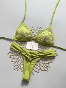 Swim Mod 夏季海灘女款 2 件組亮片刺繡面料三角繫帶上衣 & 抓皺比基尼泳褲泳衣套裝 - 綠色 - 查看 1