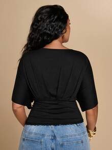 SHEIN BAE CURVE Plus Size Black V-Neck Short T-Shirt,Women's Deep V Neck Dolman Sleeve Top Elegant Wrap Front Batwing Blouse For Women Chic Plunge Top With Lace Trim - Black - View 2