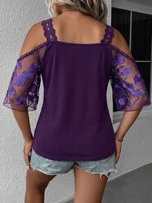 Reflora Plus Size Women's Lace Floral Embroidered Pattern Casual Versatile Daily Outing Shirt - Purple - View 2