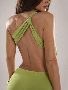 SHEIN BAE Spring/Summer Women's Casual Vacation Lime Green Asymmetrical Neck Waist Cut-Out Leg Slit Long Solid Color Dress, Suitable For Beach Night Out Club Sexy - Green - View 3