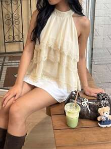 Firerie Halter Neck Ruffled Cake Chiffon Lace Hem Blouse Beach Vacation, Summer Holiday, Tropical, Resort Wear, - Apricot - View 2