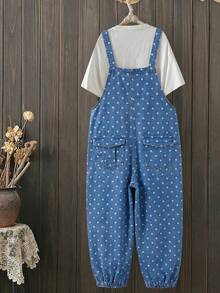 EMERY ROSE EMERY ROSE Women's Polka Dot Print Pocket Button Denim Overalls Vintage Cute Adjustable Straps Loose Balloon Pants Picnic Blue Polka Dot Summer - Blue - View 3