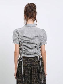 COUREZ 微格紋泡泡袖側邊抓皺上衣/Y2K夏季女裝 夏季穿搭 女款外出穿搭 夏季襯衫 外出上衣 女款襯衫 - 彩色 - View 3