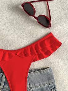 Swim SXY 2025 Vacation Beach Solid Color Ruffle Hem Bikini Bottom Summer - Red - View 7